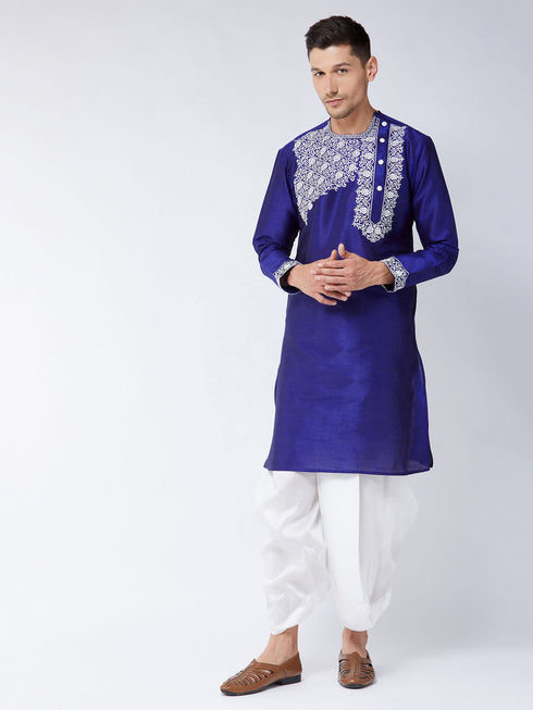 Vastramay Men's Blue And White Silk Blend Kurta and Dhoti Set
